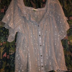 Anthropologie Sheer Blue and Silver Ruffled Square Neck Top 3X